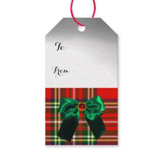 RED GREEN BOWS,SCOTTISH TARTAN AND CHRISTMAS TREE GIFT TAGS