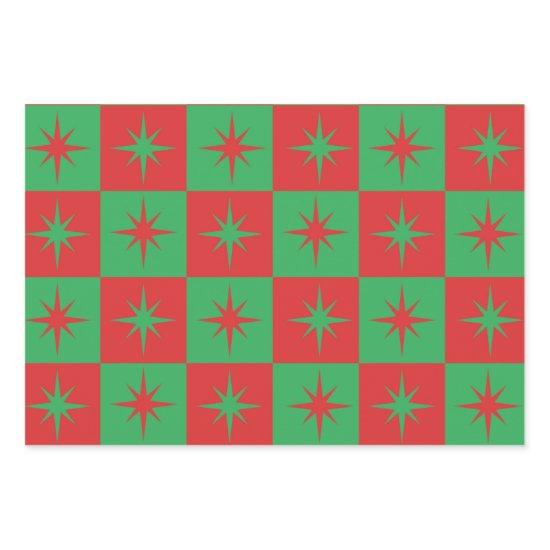 Red green checkered retro Christmas  starbursts    Sheets