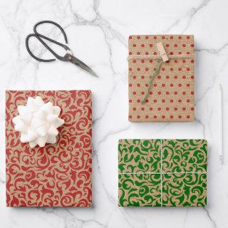 Red Green Damask Polkadots On Brown Kraft Colored  Sheets