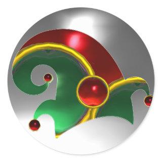 RED GREEN ELF HAT /GOLD JEWELS ,  RUBY GEM STONES CLASSIC ROUND STICKER