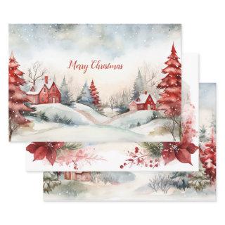 Red Green Pine Trees Christmas Woodlands   Sheets