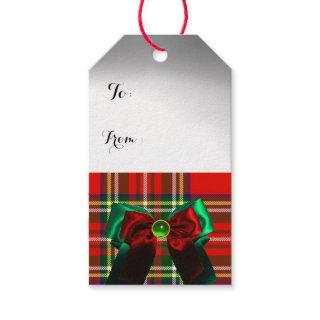 RED GREEN SCOTTISH TARTAN WITH CHRISTMAS BOWS GIFT TAGS