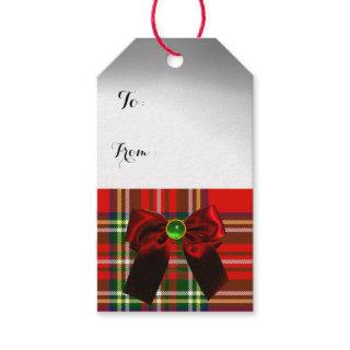 RED GREEN SCOTTISH TARTAN WITH CHRISTMAS BOWS GIFT TAGS