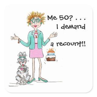 Red haired lady turns 50 and protests square sticker