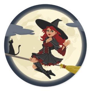 Red Haired Witch Flying Classic Round Sticker