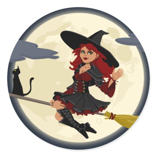 Red Haired Witch Flying Classic Round Sticker