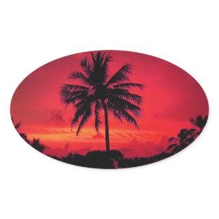 Red Hawaiian Sunset Exotic Palm Trees Oval Sticker