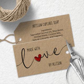 Red Heart Script Typography Made With Love Kraft Gift Tags