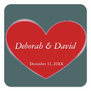 Red Heart Slate Gray Script Wedding Square Sticker