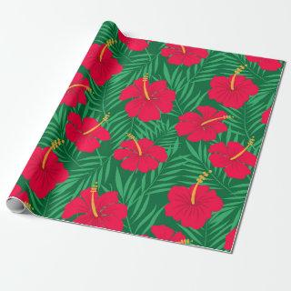 Red Hibiscus Flowers on Tropical Leaves Pattern