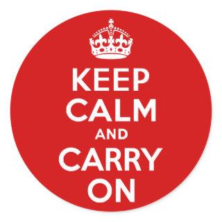 Red Keep Calm and Carry On Classic Round Sticker