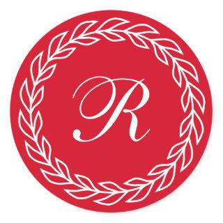 Red Laurel Wreath with Custom Monogram Classic Round Sticker