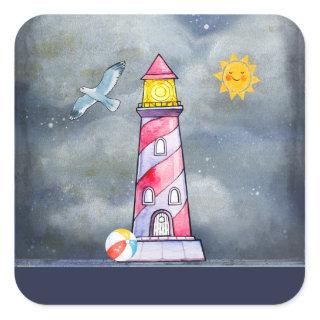 Red Lighthouse with a Stormy Background Square Sticker