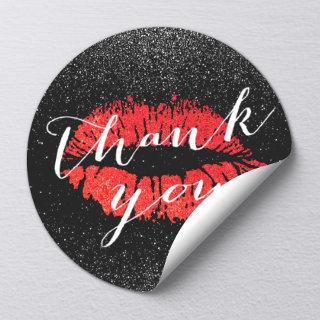 Red Lips Kiss Black Glitter Thank You Classic Round Sticker