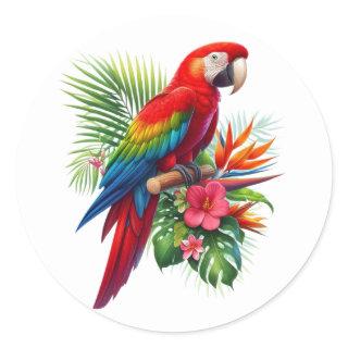 Red macaw tropical floral classic round sticker