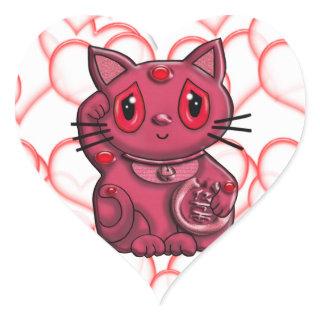 Red Maneki Neko Lucky Beckoning Cat Heart Sticker