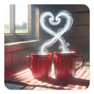 Red Mugs With Steamy Heart Connection Square Sticker