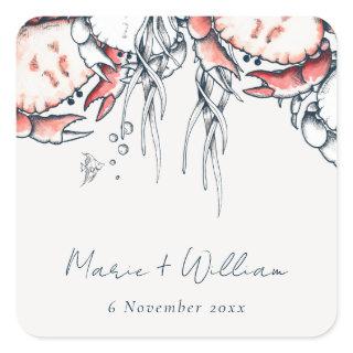 Red Navy Underwater Crab Coral Nautical Wedding Square Sticker