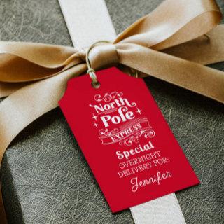 Red North Pole Special OVERNIGHT DELIVERY FOR NAME Gift Tags