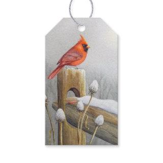 Red Northern Cardinal Bird on Fence Watercolor Art Gift Tags