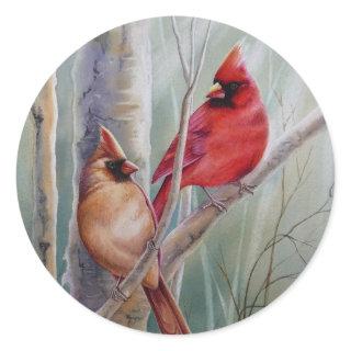 Red Northern Cardinal Bird Pair Watercolor Art Classic Round Sticker