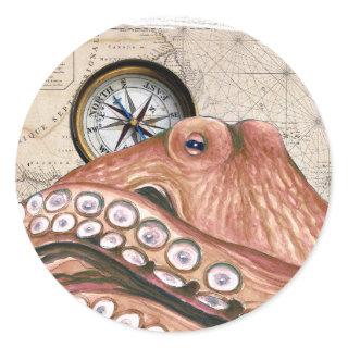 Red Octopus Compass Vintage Map beige Classic Round Sticker