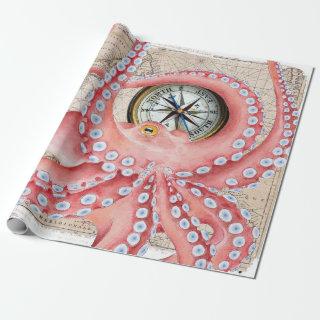 Red Octopus Vintage Map Compass