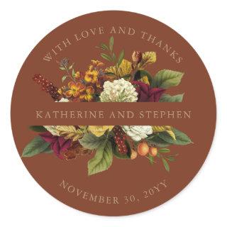 Red | Orange Floral Bouquet With Love and Thanks C Classic Round Sticker