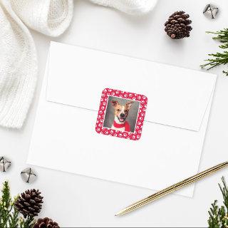 Red Pet Dog Paw Print Pattern Holiday Photo Square Sticker