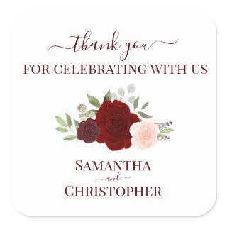Red & Pink Watercolor Roses Wedding Thank You Square Sticker