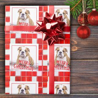 Red Plaid Bulldog Dog Photo Merry Christmas