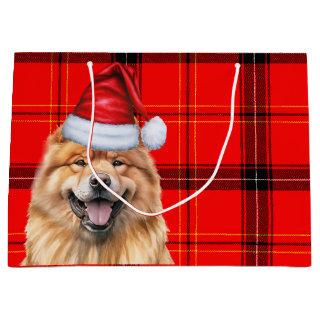 Red Plaid Christmas Chow Chow Dog  Large Gift Bag