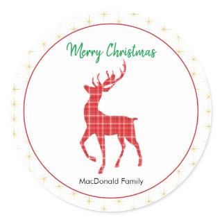 Red Plaid Reindeer Gold Star Merry Christmas Classic Round Sticker