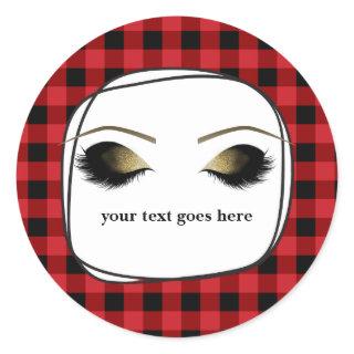 Red Plaid Rustic Glam Gold Makeup Eyelashes Favor Classic Round Sticker