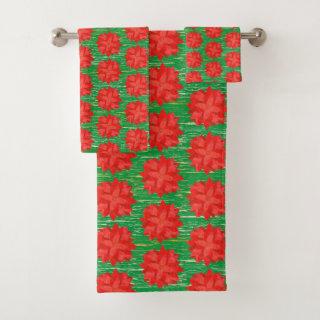 Red Poinsettia Christmas Flower Bath Towel Set