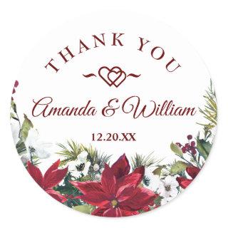 Red Poinsettia Floral Christmas Wedding Thank You Classic Round Sticker
