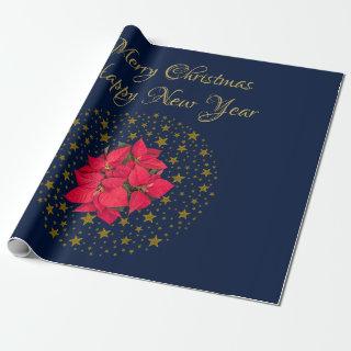 Red Poinsettia Plant on glittering starry blue sky