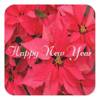 Red Poinsettias Flowers Floral Happy New Year Square Sticker
