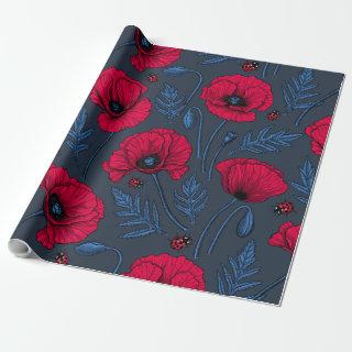 Red poppies and ladybugs on dark blue