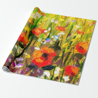 Red poppies flower field - Original handmade abstr