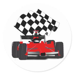 Red Race Car with Checkered Flag Classic Round Sticker