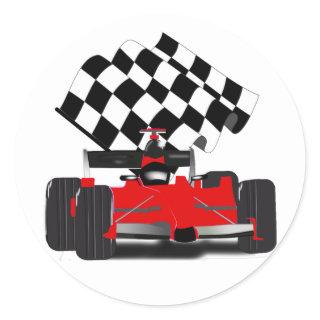 Red Race Car with Checkered Flag Classic Round Sticker