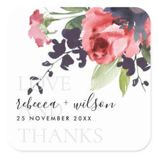 RED ROSE PEONY  FLORAL LOVE AND THANKS WEDDING SQUARE STICKER