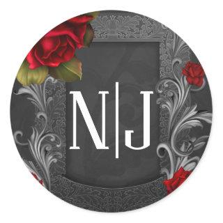 Red Roses Black Ornate Gothic Wedding Favor Classic Round Sticker