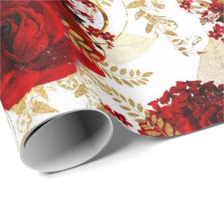 Red Roses Bunch Sparky  Floral Elegant Gold White