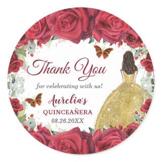 Red Roses Floral Butterflies Princess Yellow Dress Classic Round Sticker