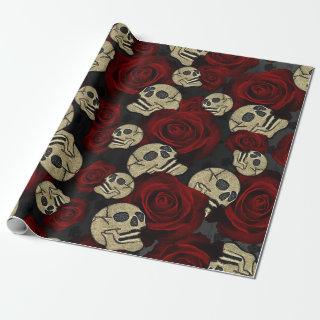 Red Roses & Skulls Grey Black Floral Gothic