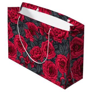 Red roses with gray leaves on black large gift bag