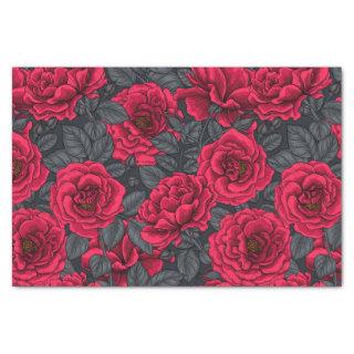 Red roses with gray leaves on black tissue paper