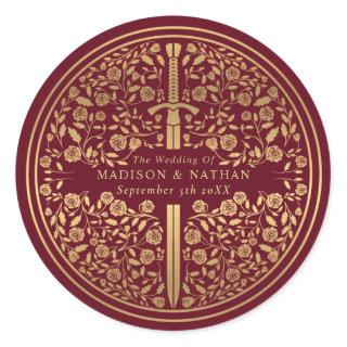 Red Royal Medieval Sword Wedding Classic Round Sticker